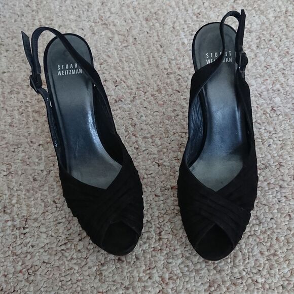 Stuart Weitzman Suede Peep Toe Pleated Slingback Pumps black size 7.5N / 7 - Picture 5 of 9